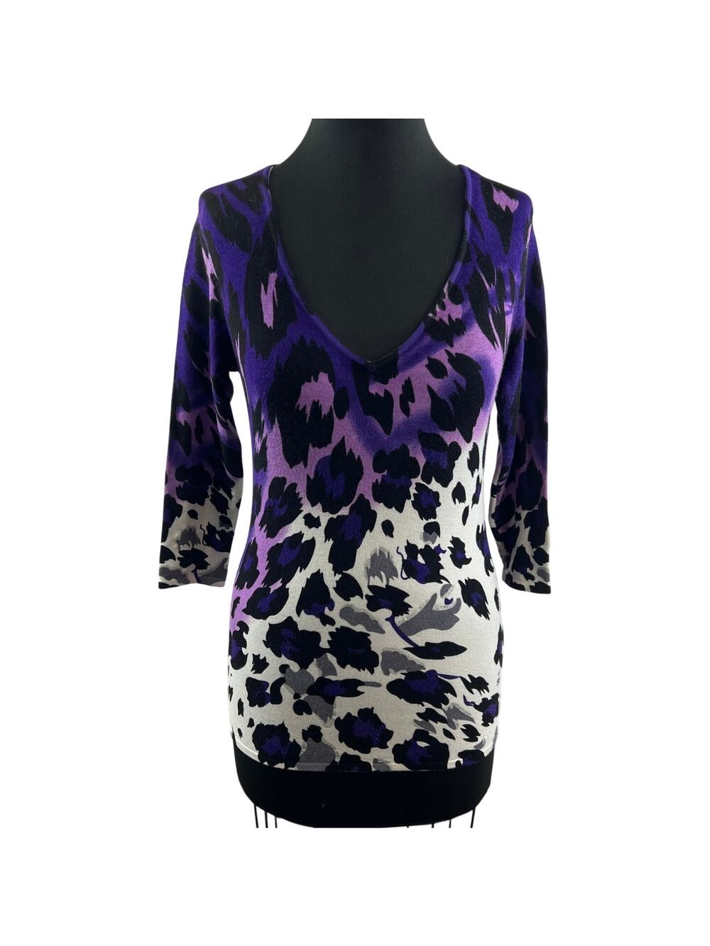 CACHE Purple Black White Animal Print Leopard 3/4 Sleeve Knit Top XS NEW